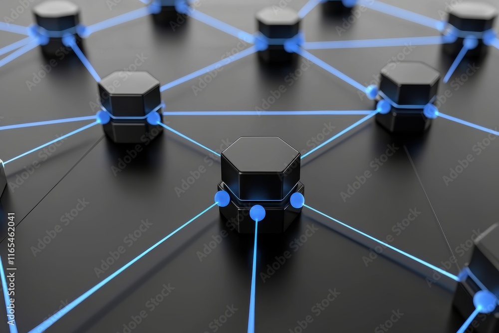 Poster minimalist circular network with glowing dots, a digital network illustration featuring hexagonal no