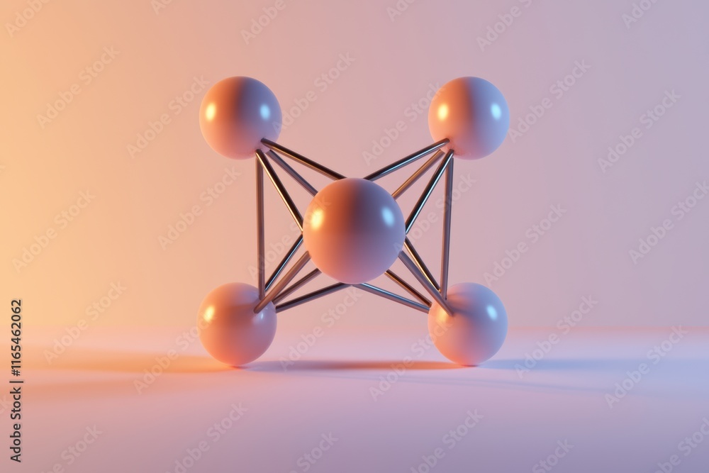 Poster minimal circular network with glowing dots, a 3d model of interconnected spheres representing a mole