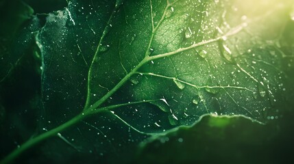 Close-Up View of Green Leaf with Intricate Veins and Water Droplets