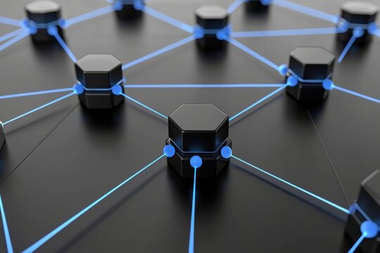 Minimalist circular network with glowing dots, A digital network illustration featuring hexagonal nodes connected by glowing blue lines on a dark background.