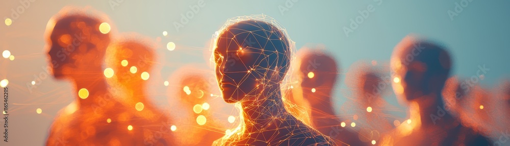 Poster modern 3d network with semi-transparent human f..., a surreal depiction of illuminated humanoid figu