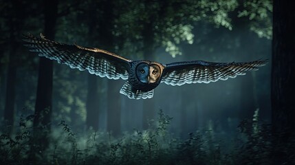 A large, majestic owl flying through a dark forest, its wings silent as it moves through the night.