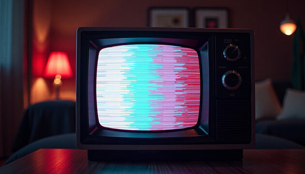 Vintage Television with Glitching Screen in a Cozy Room