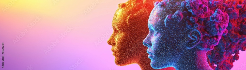 Poster professional 3d design image showcasing connect..., two artistic heads in profile, rendered in vibra