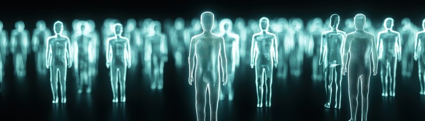 Professional holographic network image, A futuristic scene featuring translucent, glowing human figures against a dark background, creating an ethereal and digital atmosphere.