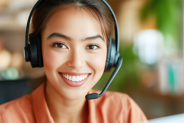 Close-up of a cheerful woman with a headset, radiating warmth and approachability. She represents customer service excellence and teamwork.