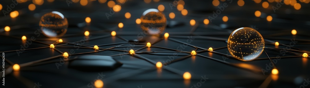 Poster sleek diagram with frosted glass nodes, a captivating scene featuring glowing orbs on a dark surface