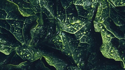 Close-Up View of Green Leaf with Intricate Veins and Water Droplets