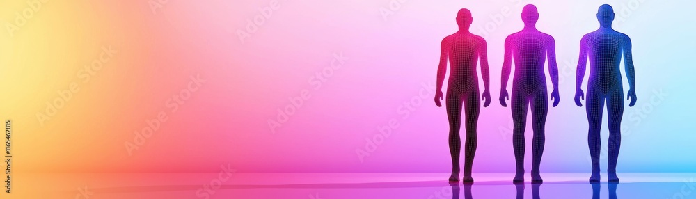 Poster vibrant 3d design with abstract human figures, three silhouetted figures stand against a vibrant gra