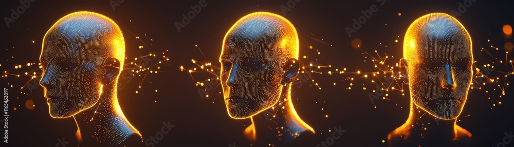 Poster futuristic 3d interconnected design image, a series of three stylized human heads in profile, glowin