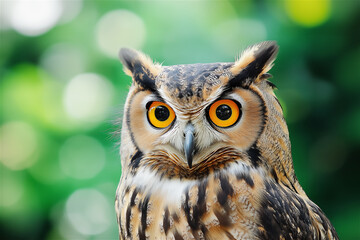Obraz premium A close-up image of an alert owl with bright yellow eyes, perched against a natural blurred background, symbolizing wisdom and focus.