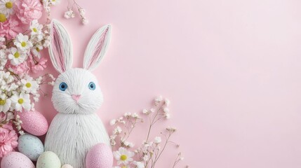 Obraz premium Easter Bunny with Colorful Eggs and Spring Flowers on a Pink Background
