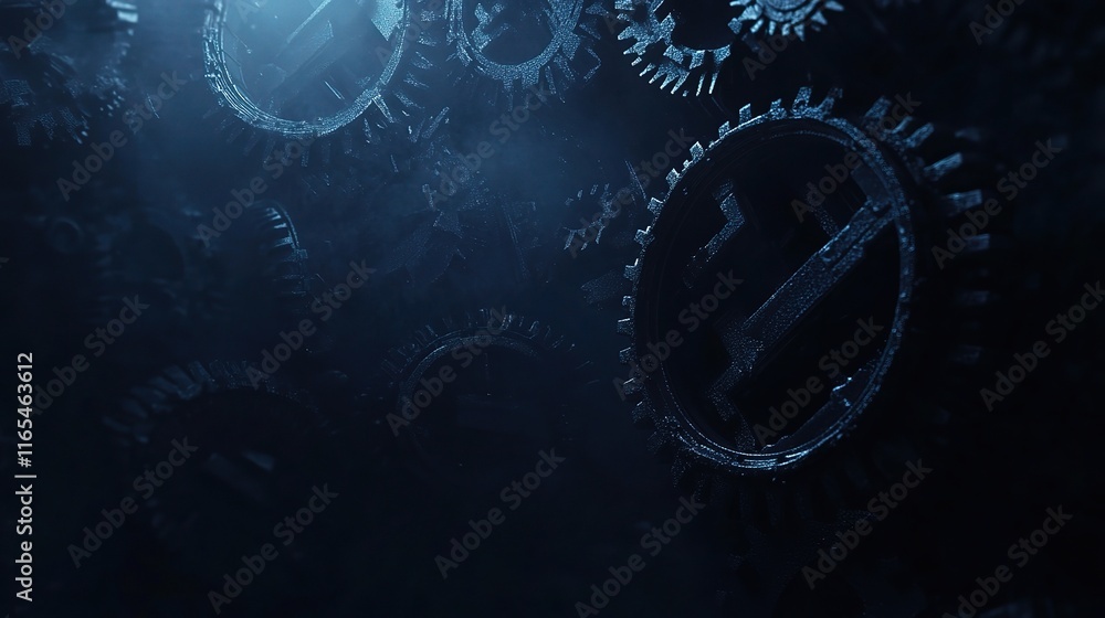 Poster dark background with overlapping gears in mysterious setting