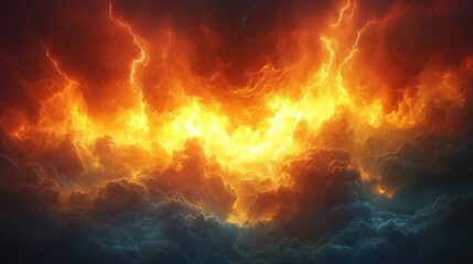 Fototapeta premium Fiery, dramatic sky with clouds and lightning.