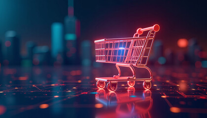 Futuristic Shopping Cart in a Neon Cityscape