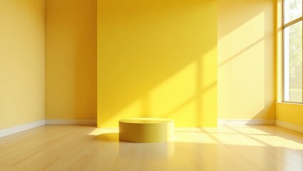 A minimalist interior room with cream-colored walls, polished wooden flooring, and a large window letting in natural light. A vibrant yellow pedestal with a glossy finish is placed centrally 