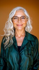 Happy Mature Woman with Gray Hair and Glasses  Studio Portrait