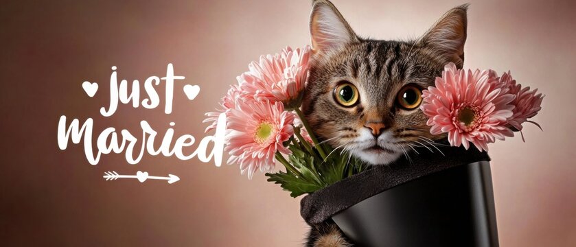 Verheiratet Katze mit Blumenstrau&szlig;  Lustige Hochzeitsfoto f&uuml;r Gl&uuml;ckw&uuml;nsche