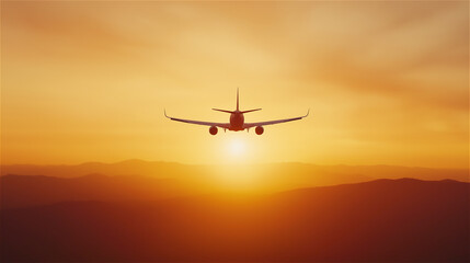 A plane flying into a golden sunset, symbolizing travel, freedom, and exploration. A dramatic...