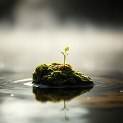 A small green plant is growing in a rocky area. 
