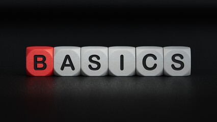 Basics symbol. Concept word Basics on wooden cubes.Business and Basics concept.close up of wooden elements,Business Concept.3D rendering on black background.