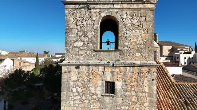 Aerial view of the church of the Sant&iacute;sima Trinidad de Alarcon, Cuenca, Castilla-La Mancha, Spain, with the town in the background