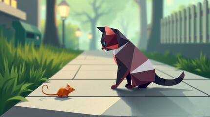 The cat and mouse are looking at each other.