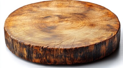 Rustic round wooden cutting board on white background.