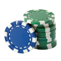 Colorful poker chips stacked together, featuring blue and green colors with white accents, perfect for gaming and casino themes