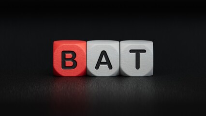 bat sign on wooden cubes concept, wooden cubes.close up of wooden elements,Business Concept.3D rendering on black background.