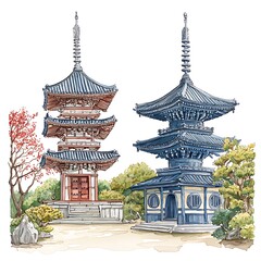 Fototapeta premium Watercolor illustration of two traditional Japanese pagodas nestled in a serene garden setting.