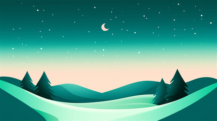 Obraz premium A serene digital landscape at night, featuring hills and a crescent moon. Highlights tranquility, nature, and minimalist beauty.