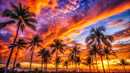 Silhouettes of palm trees stand tall against a vibrant sunset sky, showcasing a mesmerizing array of colors that blend together in a breathtaking display of nature's artistry.