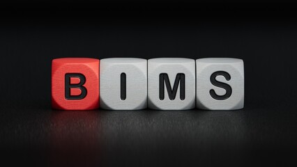 bims word concept. wooden cubes.close up of wooden elements,Business Concept.3D rendering on black background.