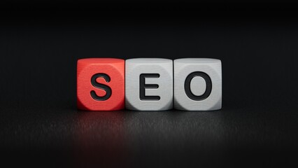 Business and design concept - surreal wood cube with text SEO. the symbol of leadership, communication and success.Business Concept.3D rendering on black background.