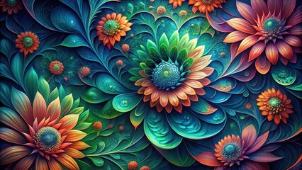 A mesmerizing display of vibrant flowers with swirling, textured petals amidst a deep blue and green background.