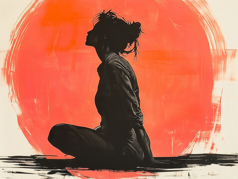 Silhouette d'une femme prostr&eacute;e  dans un cercle rouge, image de la d&eacute;pression, des troubles psy et d'un &eacute;tat de tristesse et de chagrin intense, deuil
