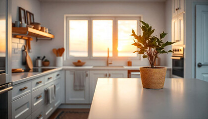 Wooden counter with silver sink, cookware, houseplant and dish soap near blue wall in kitchen