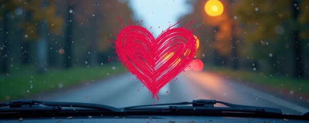 Drawn heart on car windshield, wiper blade visible, drawing, wiper