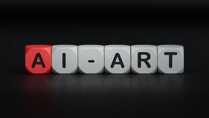 wooden cube block with AI ART business word.close up of wooden elements,Business Concept.3D rendering on black background.