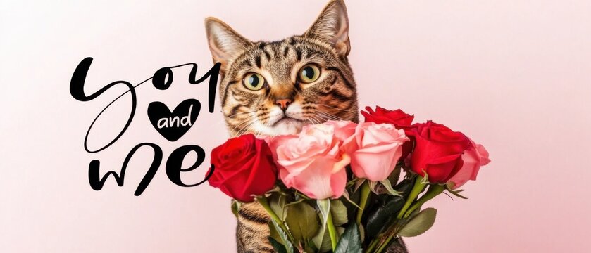 Liebes Katze mit Rosenstrau&szlig; f&uuml;r Valentinstag, romantische Haustierfotografie