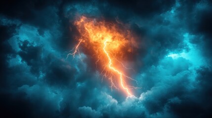 Fiery lightning bolt striking through dark, stormy clouds.