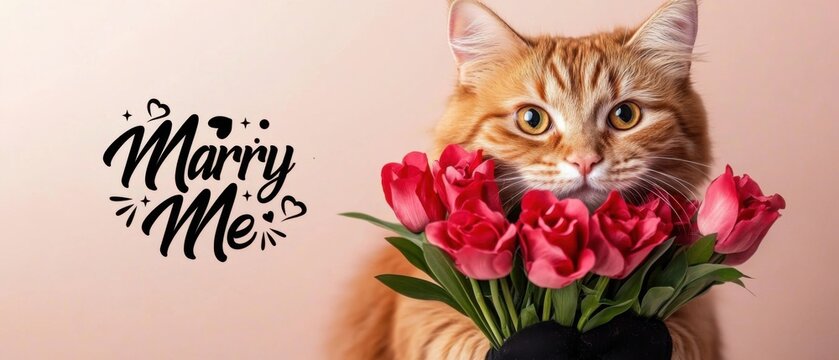 Romantische Katze mit Rosenstrau&szlig; und Heiratsantrag: Marry Me
