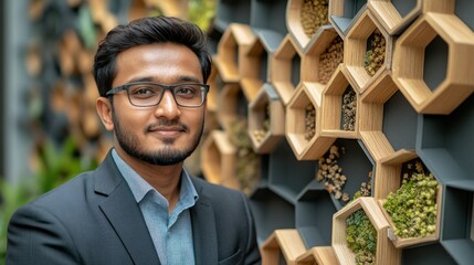 Professional portrait against a decorative wall.