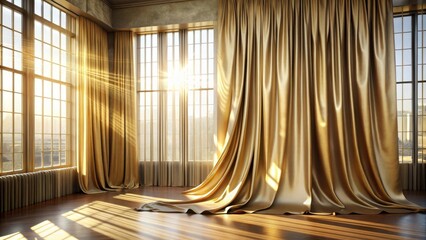 Golden Drapery Cascading Through Sunlight in a Room with Large Windows