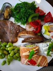Delicious asian buffet featuring sushi, roasted duck, and edamame in prague all you can eat