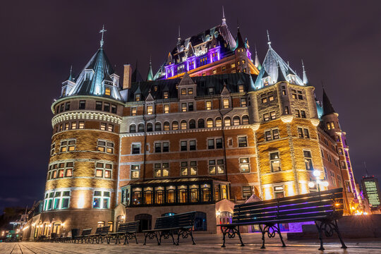 Night view of the Quebec City Old Town Fairmont Le Chateau Frontenac in autumn. Quebec, Canada.