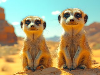 Meerkats Standing Alert on Dry Desert Plain Watching the Horizon