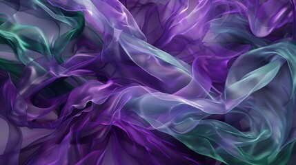 Fototapeta premium Abstract background with purple and green transparent fabric flowing and creating a beautiful design, perfect for wallpapers or other design projects