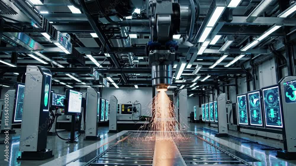 Poster advanced robotic automation in a high-tech manufacturing facility with precision tools and digital d
